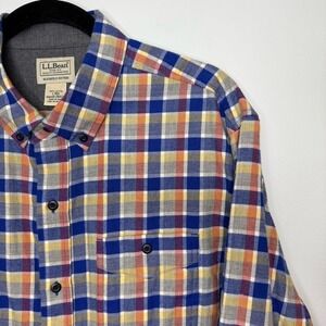 LL BEAN Mens Slightly Fitted Plaid Flannel Button Down Blue Red Yellow Large